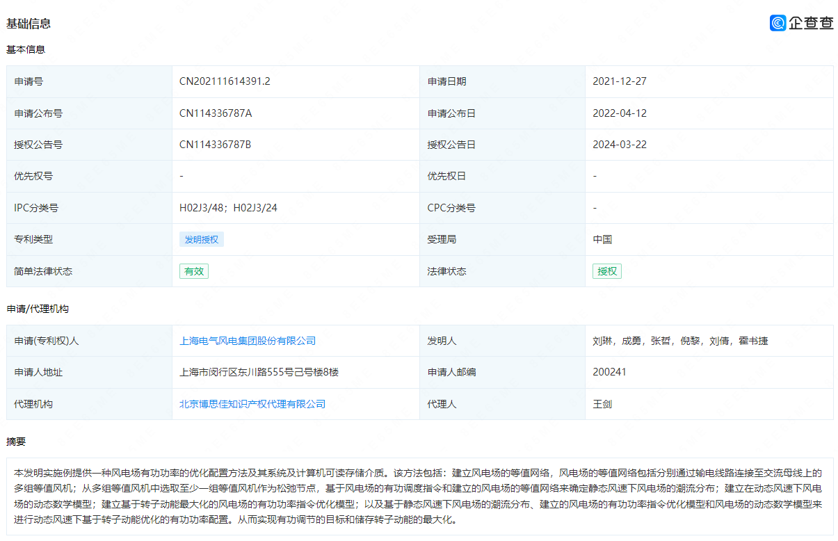 电气风电获得发明专利授权：“风电场有功功率的优化配置方法及其系统及计算机可读存储介质”