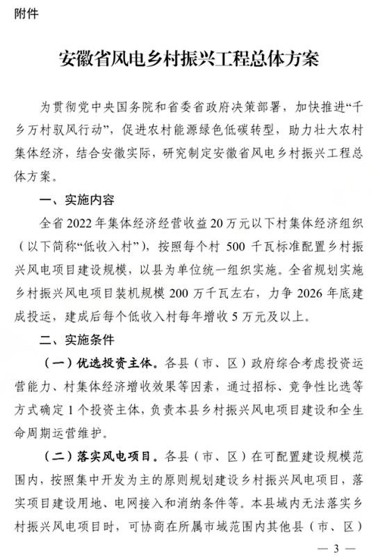 全省规划2GW，每村配置500kW！安徽省风电乡村振兴工程总体方案下发