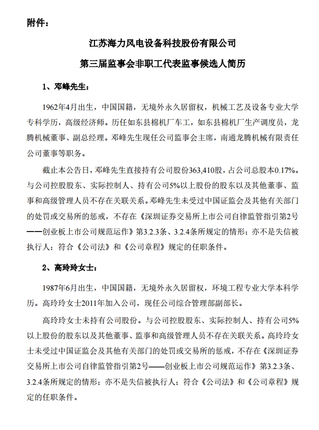 海力风电：邓峰、高玲玲被提名为第三届监事会非职工代表监事候选人