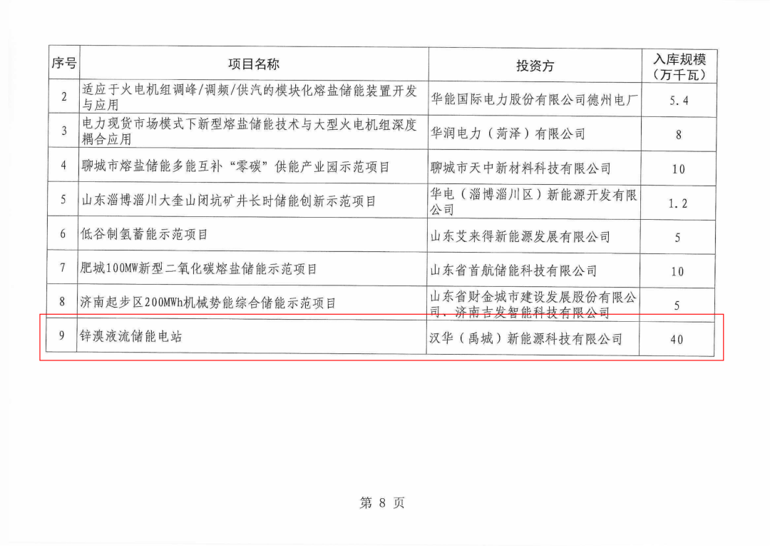 锌溴液流储能电站入选山东2024年度新型储能入库项目