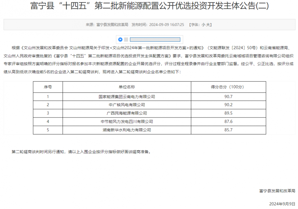 云南富宁县530MW风光项目投资主体！国家能源集团、中广核、民海能源、中节能、新华发电入选！