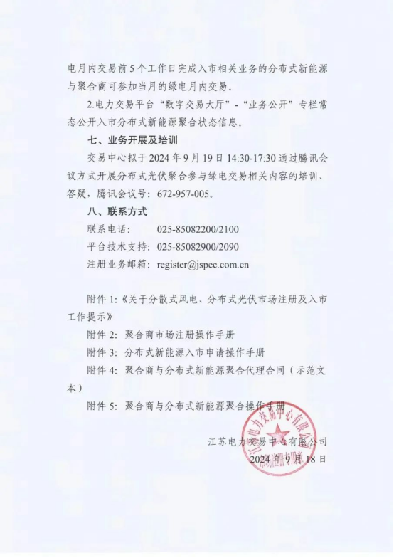 《关于开展江苏分布式新能源聚合参与省内绿电市场交易试点入市相关工作的通知》印发