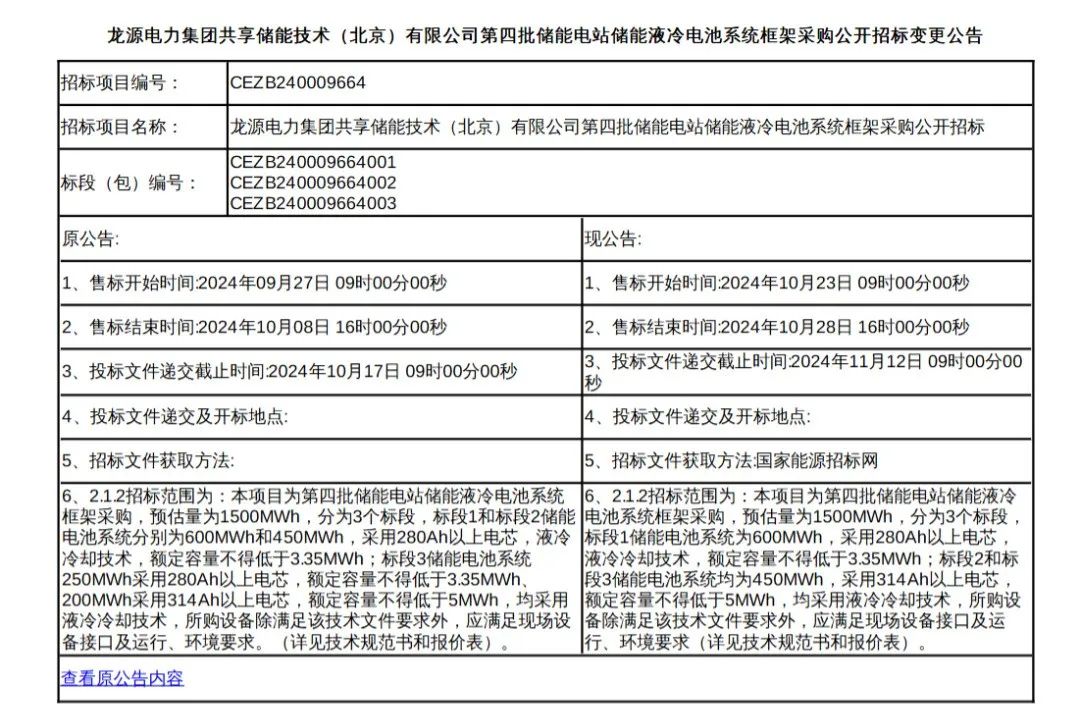 314Ah提升至60%！国家能源集团1.5GWh储能电池系统框采变更！