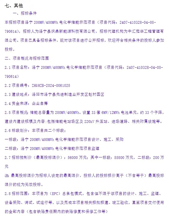 200MW/400MWh！河南洛宁电化学储能示范项目招标公告发布